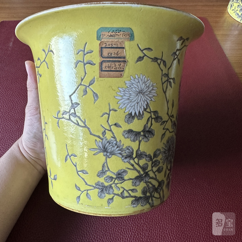 清晚期 黄地墨彩菊花纹花盆及盆奁一对 - 图34